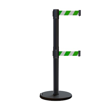 Montour Line Retractable Double Belt Rolling Stanchion, Green/White, 7.5 ft Length, 2.5 ft Post Height P400DRL-BK-GWD-75